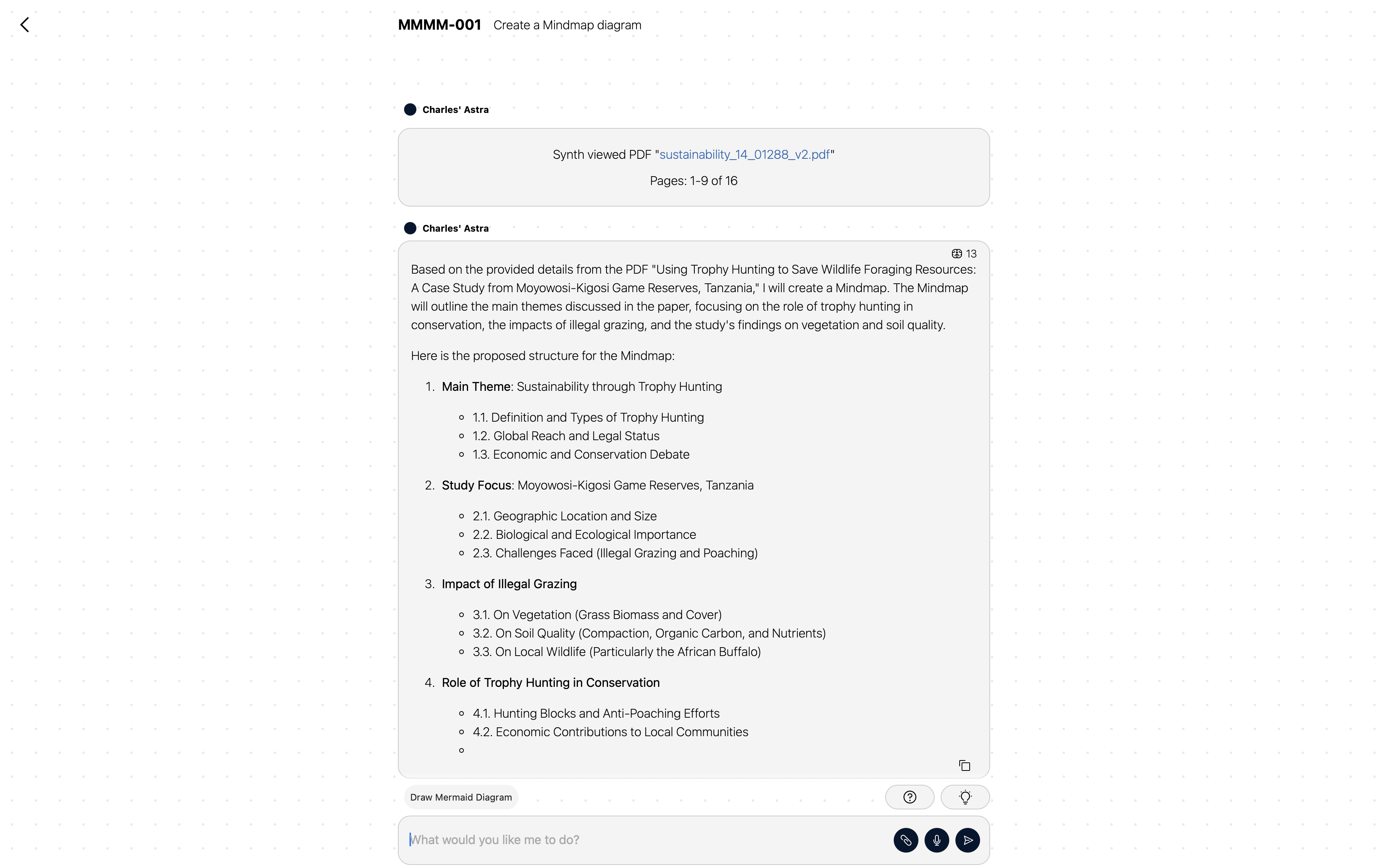 A screenshot of the Mindfront application showing a chat in progress.